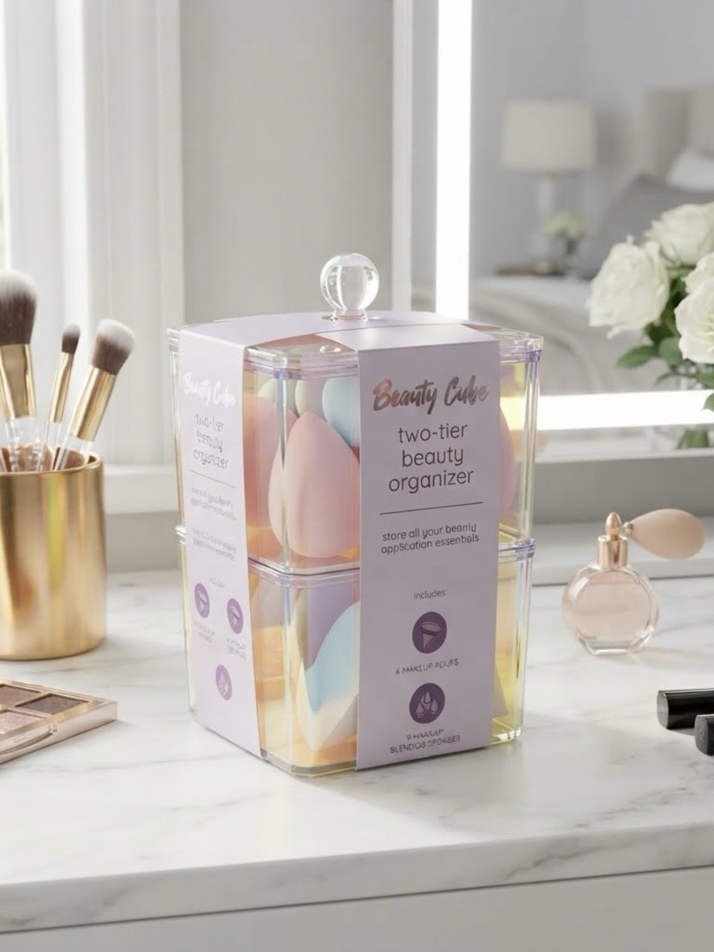 Two-Tier Beauty Organizer with Makeup Sponges